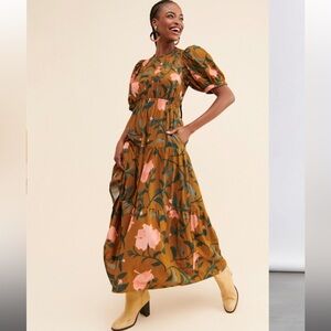 Floral Boho-inspired Open Back Maxi Dress - Size Medium Petite -Brown w/ pink 💕